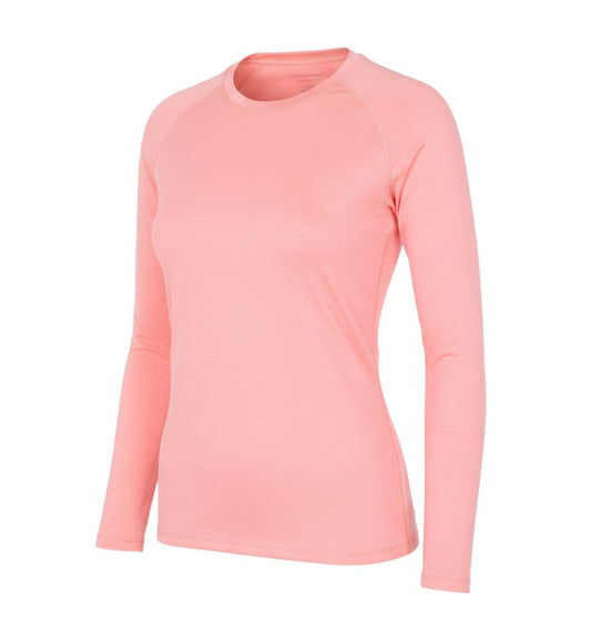 Prewornwholesale pink long sleeve active t-shirt with crew neck and raglan sleeves in a lightweight jersey fabric.