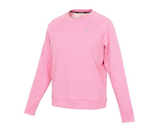 Prewornwholesale pink Nike Dri-FIT long sleeve running pullover with crew neck and grey Swoosh logo