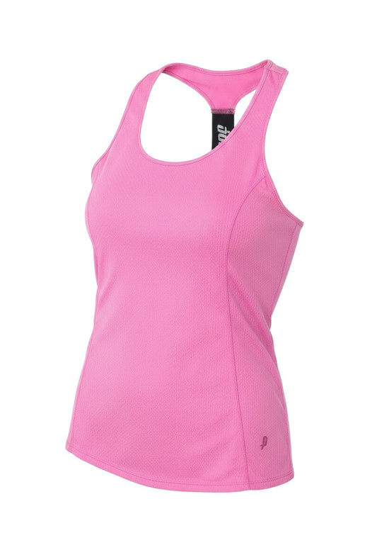 Prewornwholesale womens pink polyester racerback tank top with a round neck and athletic fit