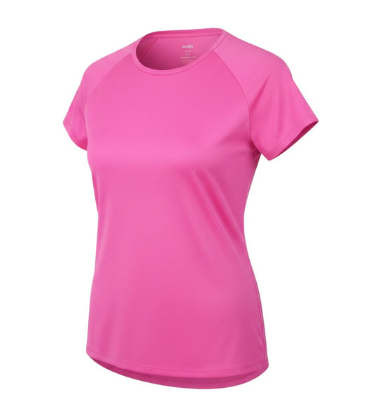Prewornwholesale women's pink polyester basic t-shirt with a crew neck and short raglan sleeves.