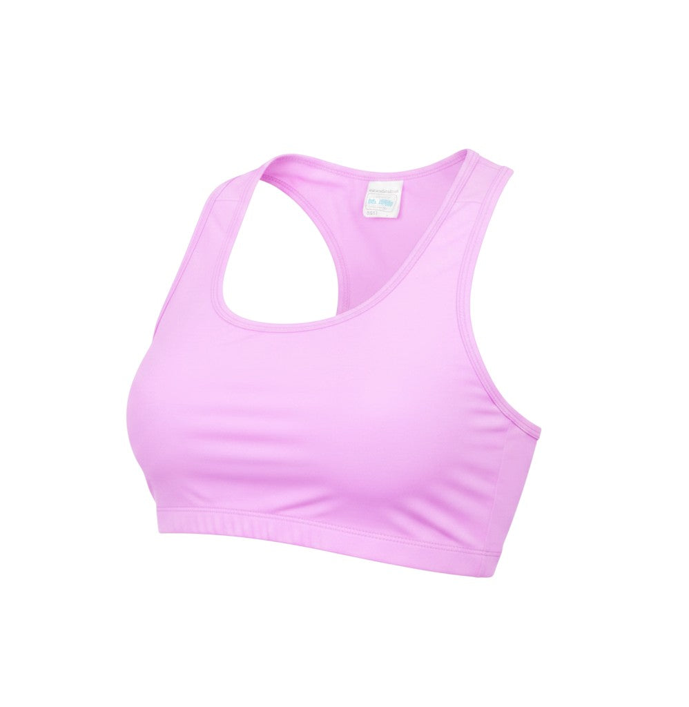 Prewornwholesale womens pink racerback sports bra with a cropped fit and athletic design