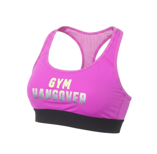 Prewornwholesale pink racerback sports bra with Gym Hangover print and black elastic band for women