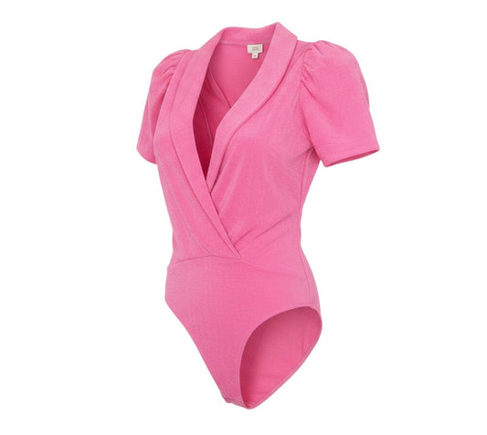 Prewornwholesale pink V-neck bodysuit with ruffle puff sleeves in stretch jersey fabric