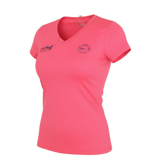 Prewornwholesale women's pink V-neck running T-shirt in moisture-wicking polyester with short sleeves