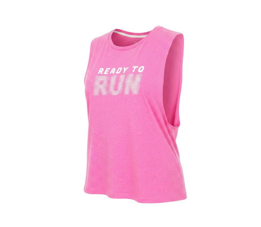 Prewornwholesale pink sleeveless tank top with Ready to Run slogan, featuring wide armholes and a relaxed fit.