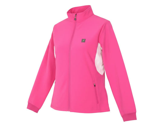Prewornwholesale Island Green pink softshell golf jacket with white side panels, full zip, and stand collar.