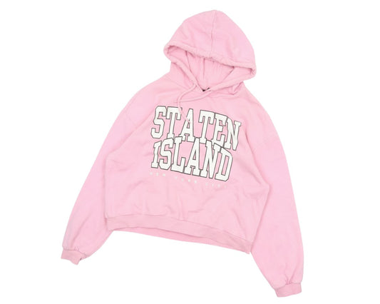 Prewornwholesale pink Divided H&M pullover hoodie with white Staten Island NYC varsity graphic and drawstring hood