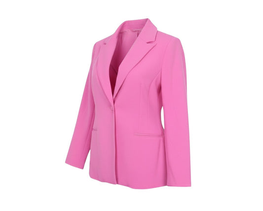 Prewornwholesale pink tailored blazer with one-button closure, notched lapels, and front welt pockets.