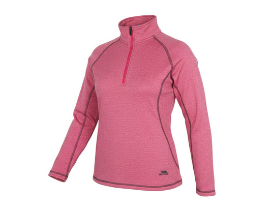 Prewornwholesale pink Trespass women's activewear top with a 1/4 zip, long raglan sleeves, and high neck collar.