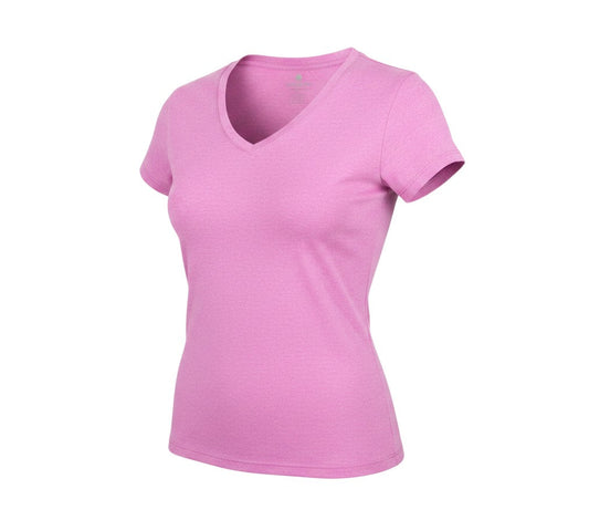 Prewornwholesale pink V-neck short sleeve active T-shirt made from moisture-wicking polyester blend fabric