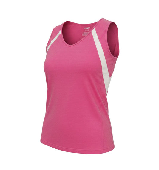 Prewornwholesale pink Shamp V-neck tank top with white side panels, made from stretchy polyamide and elastane.