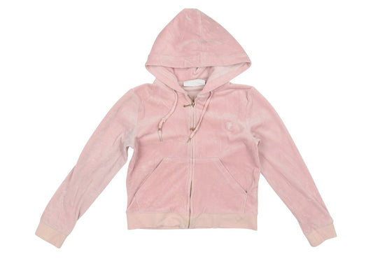 Prewornwholesale Juicy Couture Sport pale pink velour full-zip hoodie with gold-tone hardware and drawstring hood.