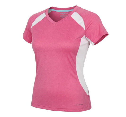 Prewornwholesale pink and white Technicals women's V-neck technical t-shirt with short sleeves