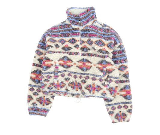 Pull&Bear Women Beige Patterned Fleece 1/2 Zip Pullover Sweatshirt Size S