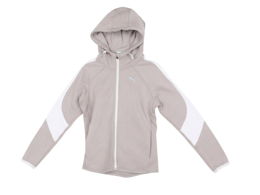 Prewornwholesale Puma women's beige hooded track jacket with full zip, white arm panels, and logo detail.