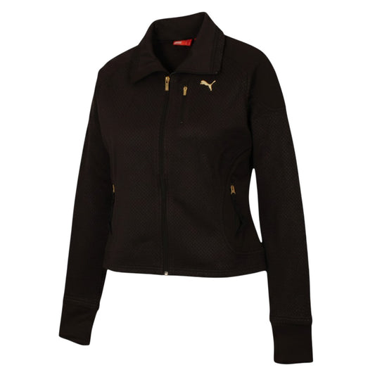 Prewornwholesale Puma women's black lightweight track jacket with gold full zip and textured polyester fabric