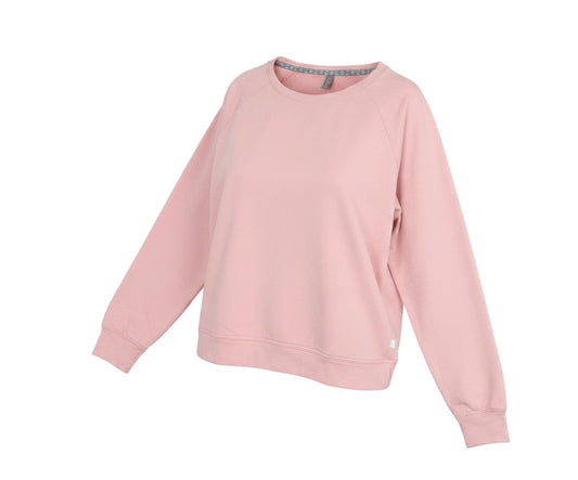 Prewornwholesale Puma women's pink crew neck pullover top with long raglan sleeves in a soft polyester blend