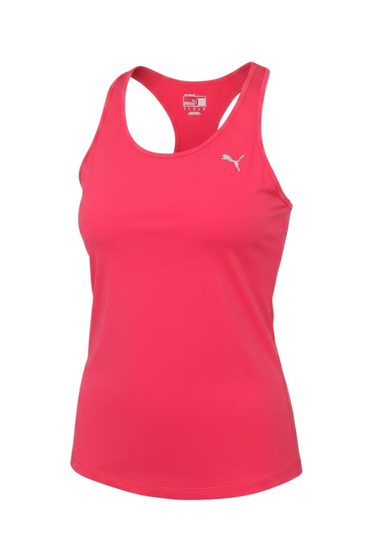 Prewornwholesale Puma women's bright pink racerback training tank top with a scoop neckline and chest logo.