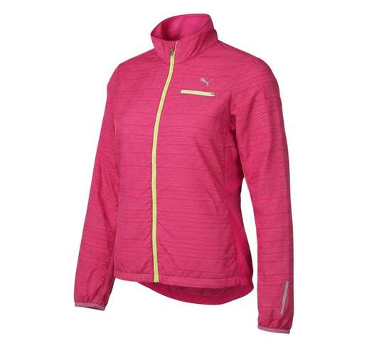 Prewornwholesale Puma women's pink striped track jacket with lime green zipper and ventilated panels