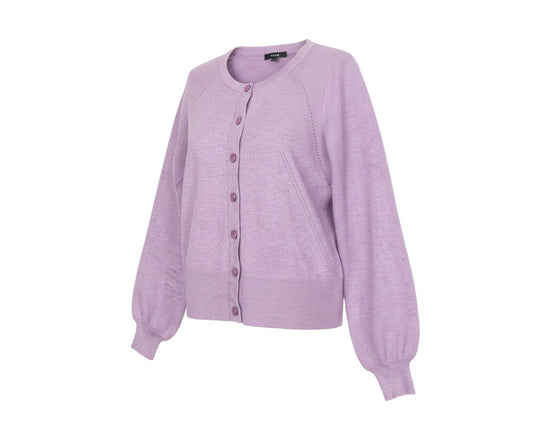 Prewornwholesale lilac purple knit cardigan with balloon sleeves, round neck, and button-front closure.