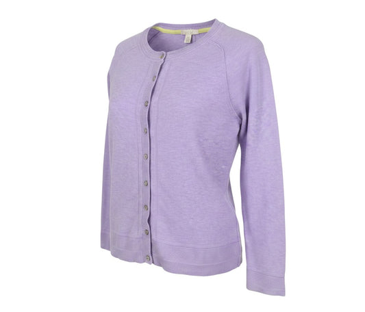 Prewornwholesale lavender purple bamboo cardigan with round neck, long raglan sleeves, and front button fastening.