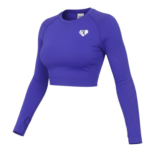 Prewornwholesale purple long sleeve cropped gym top with raglan sleeves and thumb holes in a breathable stretch fabric