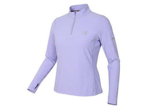 Prewornwholesale purple Karrimor women's running jacket with a half-zip closure and thumbhole cuffs.