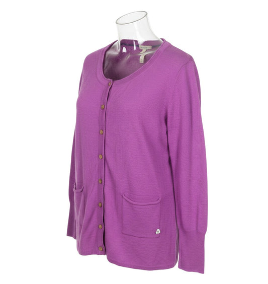 Prewornwholesale purple linen cotton blend cardigan with round neck, button front, and patch pockets on a mannequin.