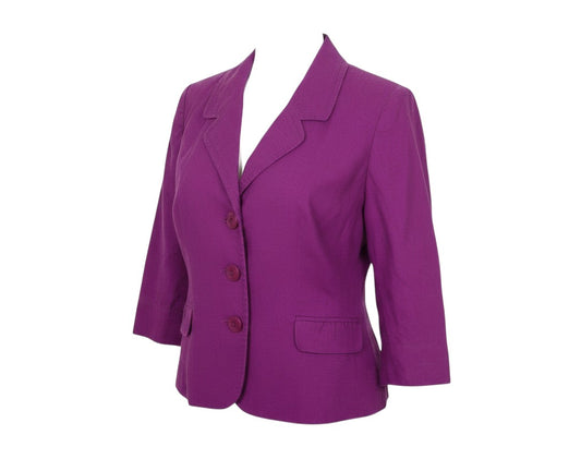 Prewornwholesale purple linen blend petite blazer with three buttons, notched lapels, and front flap pockets.