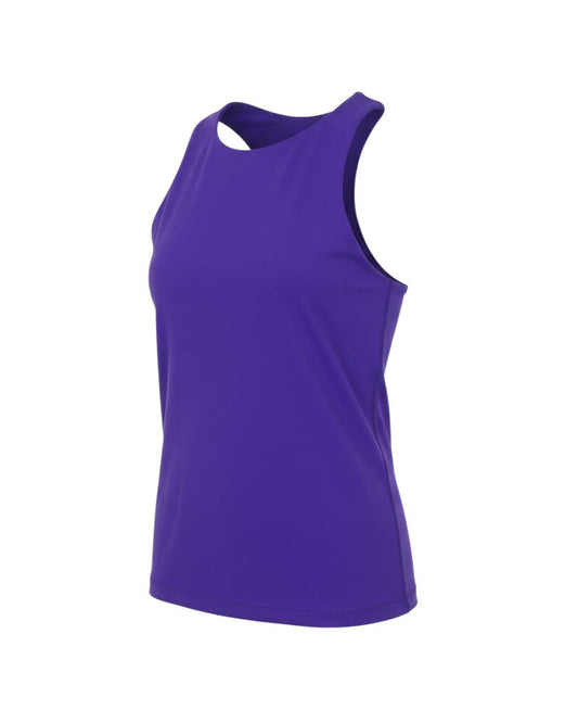 Prewornwholesale purple racerback athletic tank top with a scoop neckline in a stretchy nylon blend fabric