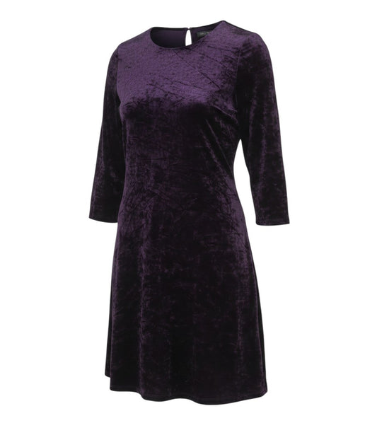 Prewornwholesale purple crushed velvet A-line knee-length dress with long sleeves and a round neckline.