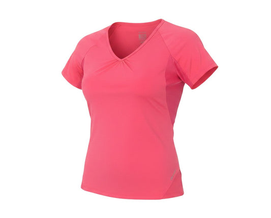 Prewornwholesale Quechua women's pink V-neck activewear t-shirt with short raglan sleeves for hiking.