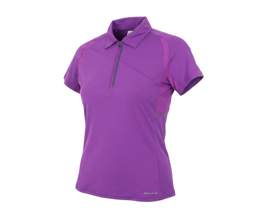 Prewornwholesale Quechua women's purple polyester short-sleeve polo shirt with a collared zip-up front