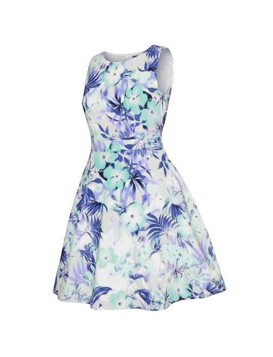 Prewornwholesale Quiz sleeveless fit and flare dress featuring a multicoloured blue and turquoise floral print.