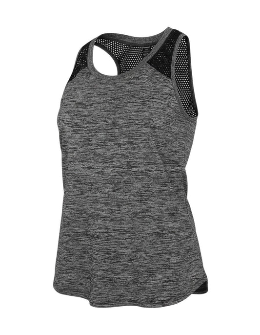 Prewornwholesale RBX women's grey heathered polyester athletic tank top with black mesh racerback detail