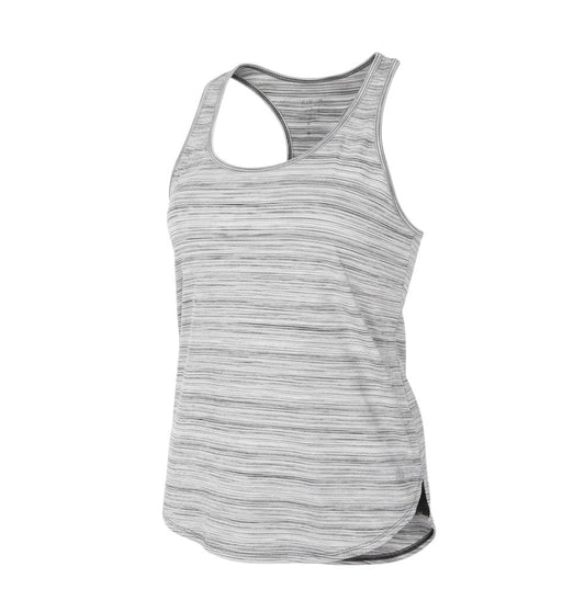 Prewornwholesale RBX women's grey heathered polyester racerback tank top with a scoop neck and curved hem.