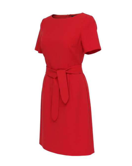 Prewornwholesale red Coast shift dress with short sleeves, boat neckline, and a tie-waist belt in a knee-length cut.