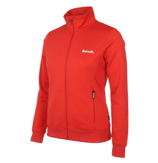 Prewornwholesale red Bench women's full zip hoodie with high collar, zip pockets, and ribbed cuffs in polyester.
