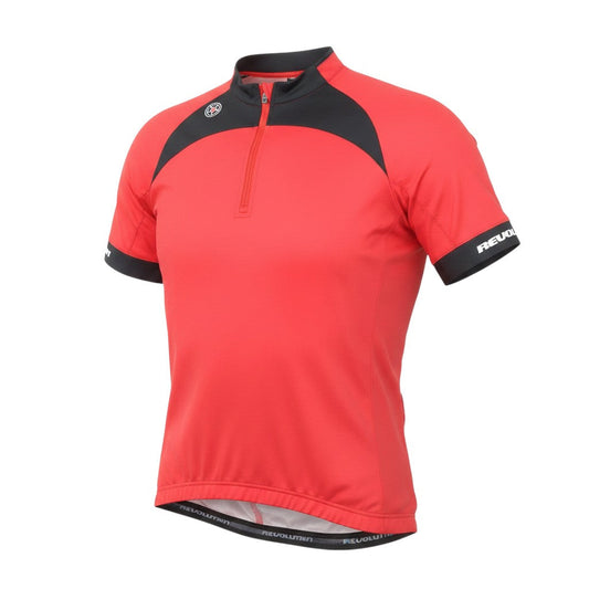Prewornwholesale women's red and black short sleeve cycling jersey with a quarter zip and breathable polyester fabric.