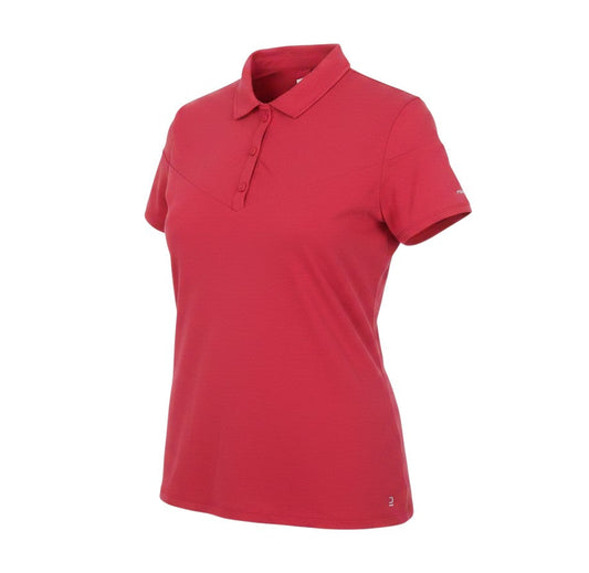 Prewornwholesale red Decathlon women's short-sleeve polo activewear top with a collared button-up neckline.