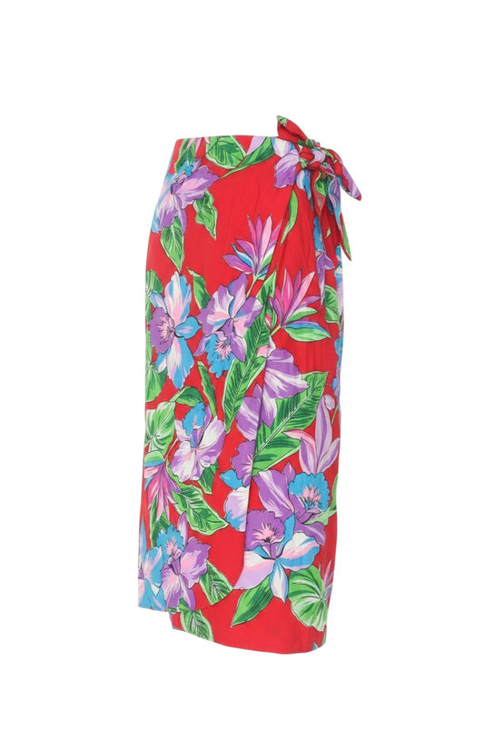 Prewornwholesale red cotton wrap skirt featuring a vibrant tropical floral print with purple and blue blooms.