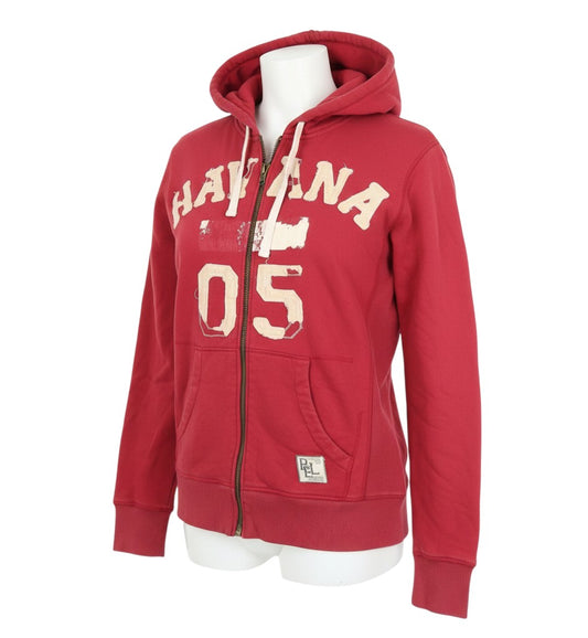 Prewornwholesale red Havana 05 full zip hooded track jacket with distressed graphic print on a mannequin