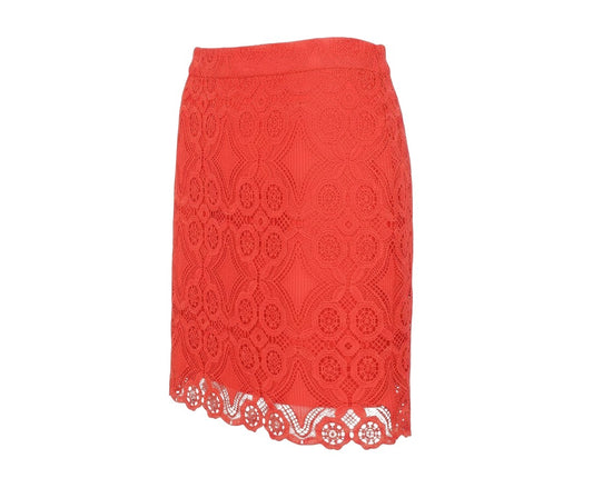 Prewornwholesale red floral lace A-line mini skirt with a scalloped hem and side zip closure.