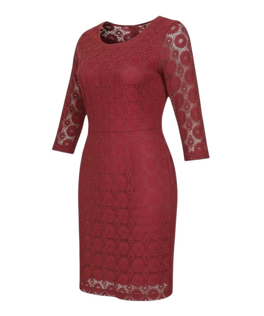 Prewornwholesale red lace shift dress with 3/4 sleeves and a scoop neckline, knee-length elegant design.