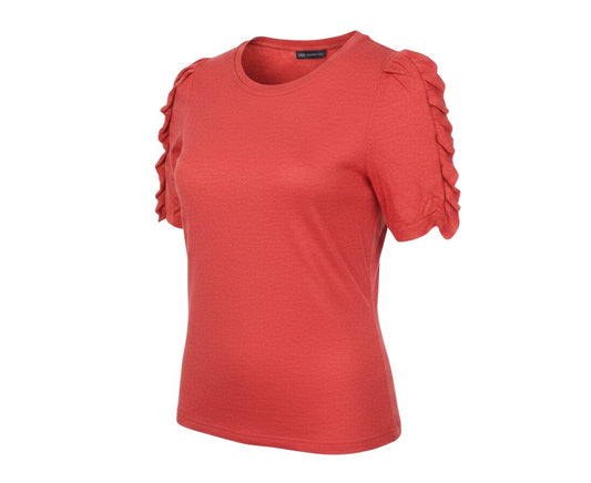 Prewornwholesale red Marks and Spencer cardigan with short ruffle sleeves and a round neckline in fine-gauge knit.