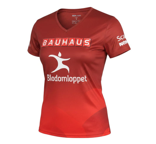 Prewornwholesale red V-neck running T-shirt with Bauhaus and Blodomloppet logos in moisture-wicking polyester fabric.