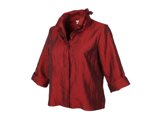 Prewornwholesale red satin-look blouse with a ruffle collar and three-quarter length sleeves in a classic fit.