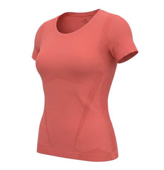 Prewornwholesale red scoop neck activewear T-shirt for women in a breathable polyamide and elastane blend