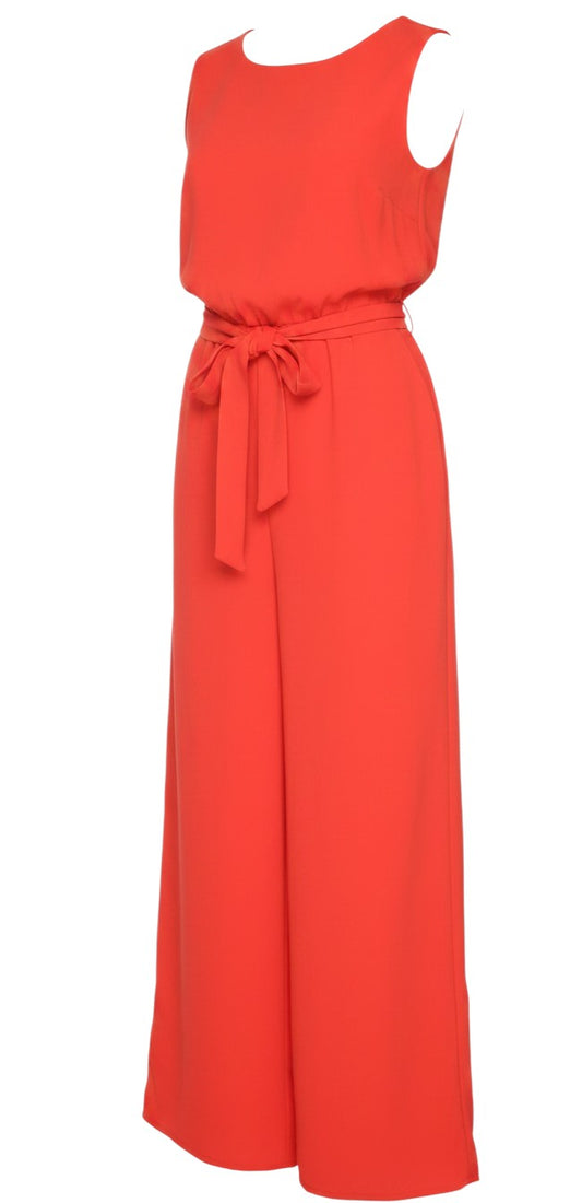 Prewornwholesale red sleeveless wide-leg jumpsuit with a belted waist and round neckline on a mannequin
