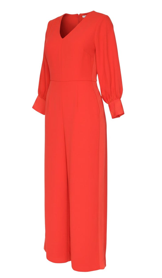 Prewornwholesale red long sleeve V-neck wide-leg jumpsuit with buttoned cuffs and tailored bodice